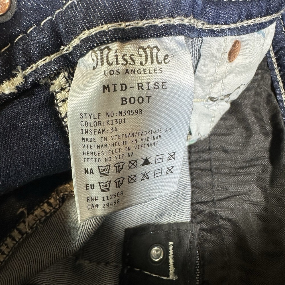Miss Me Jeans Women 32 Blue Mid Rise Boot Bootcut Thick Stitch Embroidered Bling - Picture 8 of 8